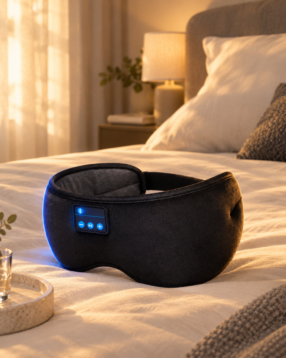 Black Bluetooth sleep mask with flat internal speakers, on a bed