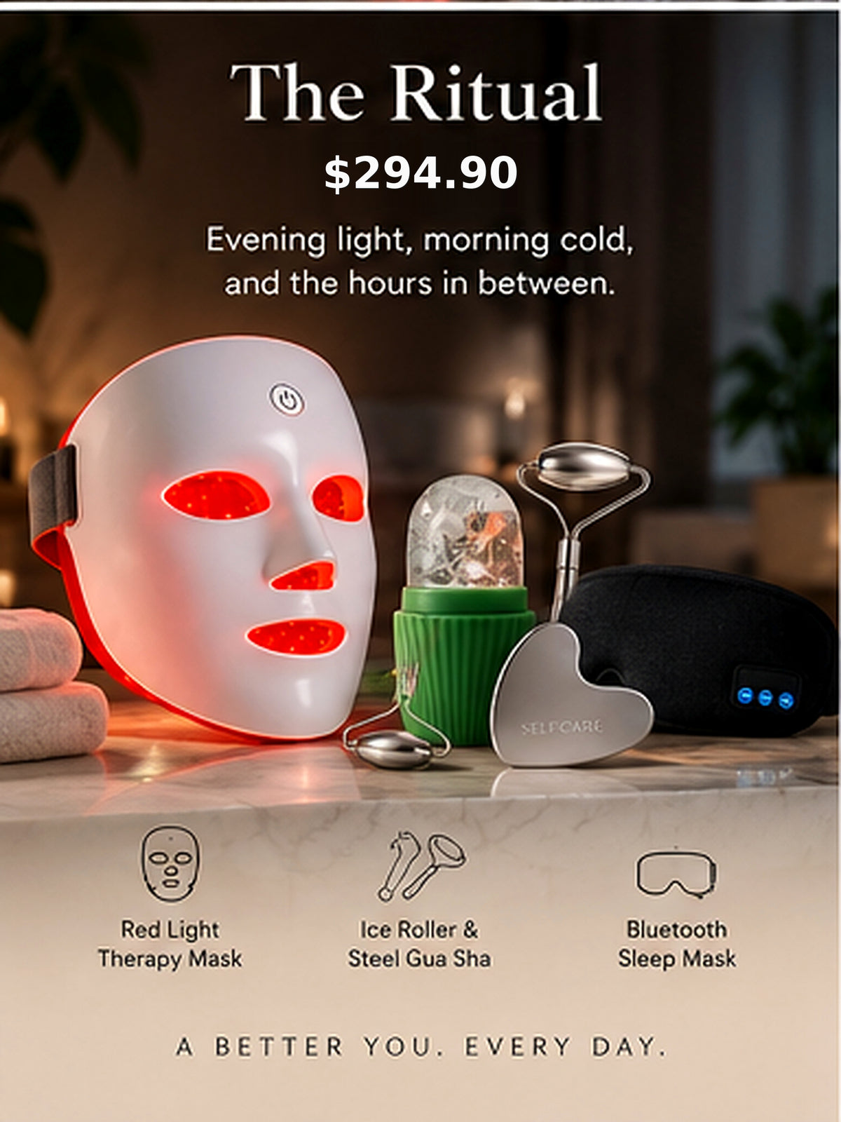 The Ritual set: red light therapy mask, ice roller with steel gua sha, and Bluetooth sleep mask