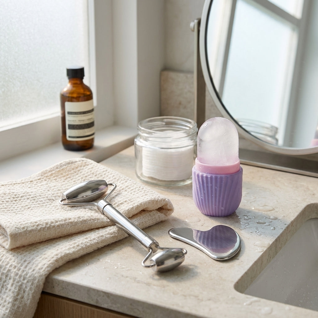 Purple ice roller, steel gua sha and roller on a bathroom counter
